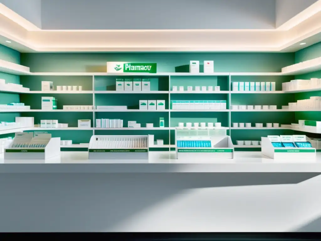 Mostrador de farmacia blanco impecable con medicamentos recetados ordenados, iluminado por suave luz natural