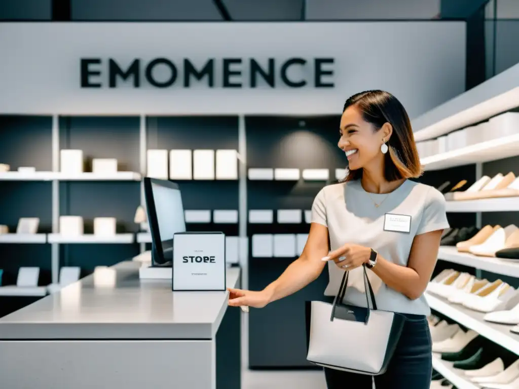 Una mujer elegante devuelve un artículo en una tienda de moda con un diseño moderno y minimalista