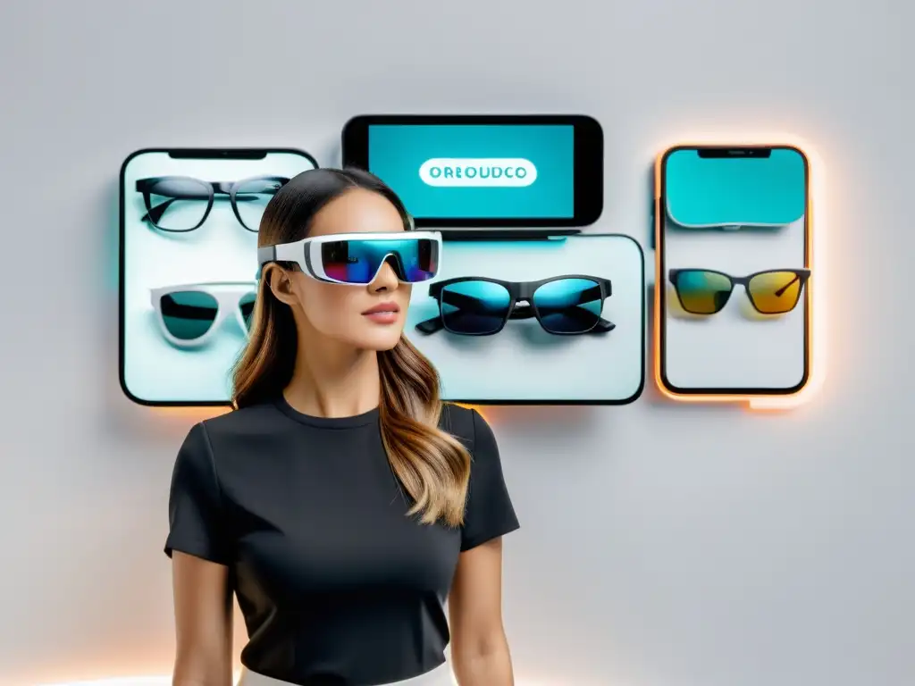 Una mujer con gafas de realidad aumentada frente a una pared blanca minimalista, con productos virtuales superpuestos, ilustrando la experiencia de compra online con realidad aumentada