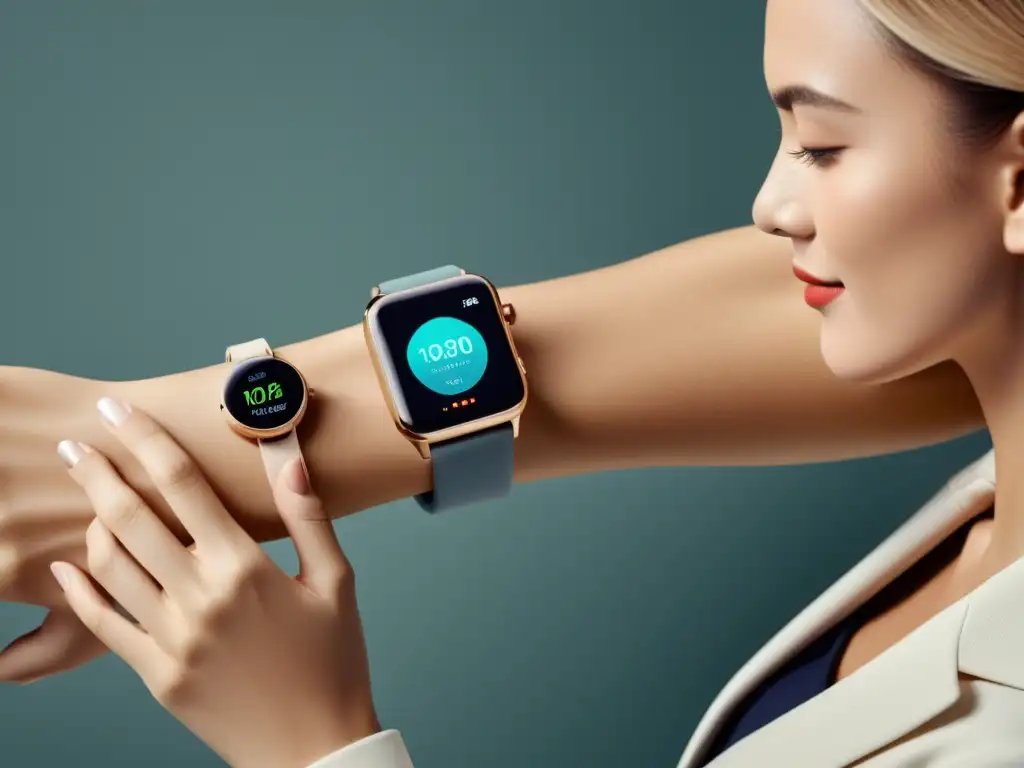 Una mujer usando un smartwatch para compras en línea a través de wearables, con un fondo minimalista y moderno