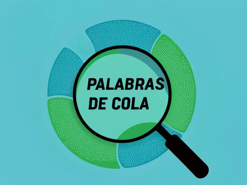 Un mundo de palabras clave larga cola nichos se revela a través de una lupa, con matices de azul y verde que transmiten profundidad y complejidad