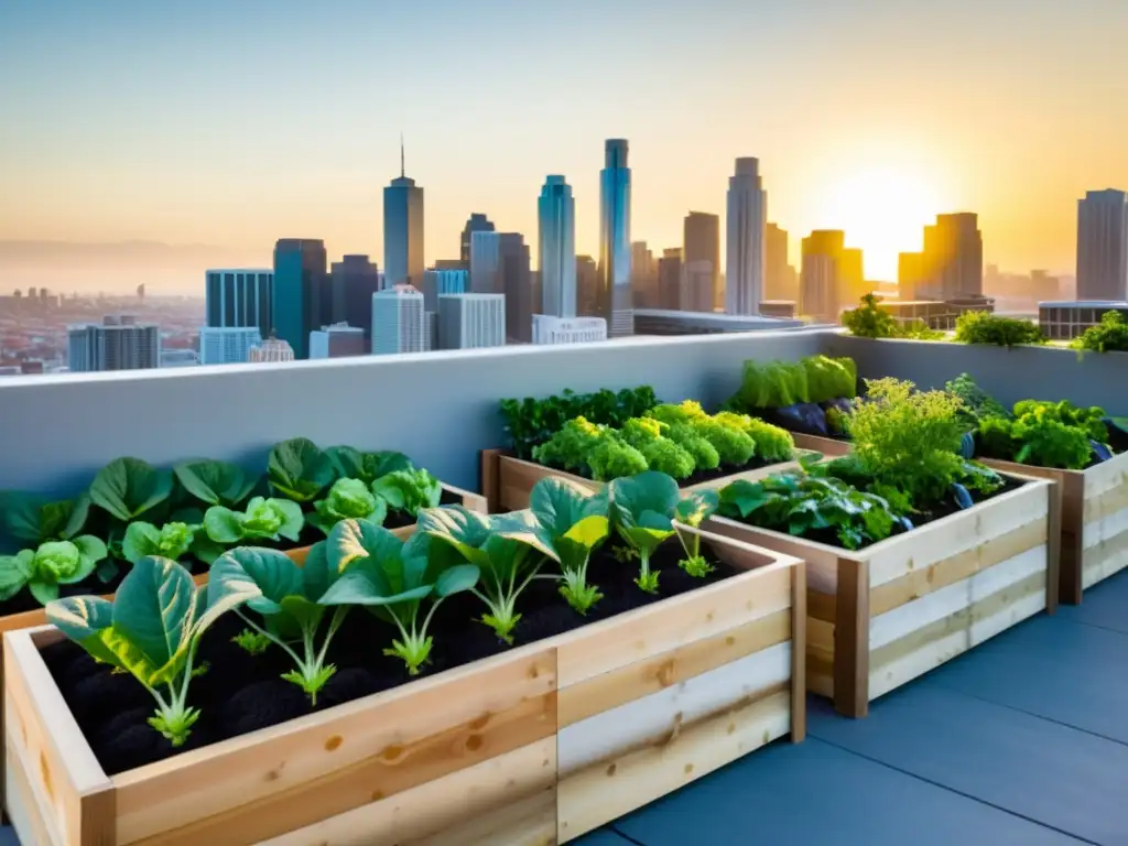 Un oasis de agricultura urbana sostenible en lo alto de la ciudad, con verduras frescas y plantas vibrantes, en contraste con los rascacielos