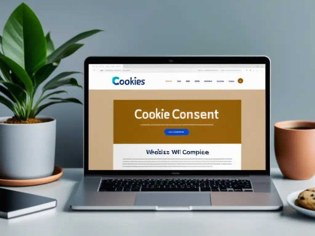 Oficina moderna con banner de consentimiento de cookies mostrando cumplimiento GDPR