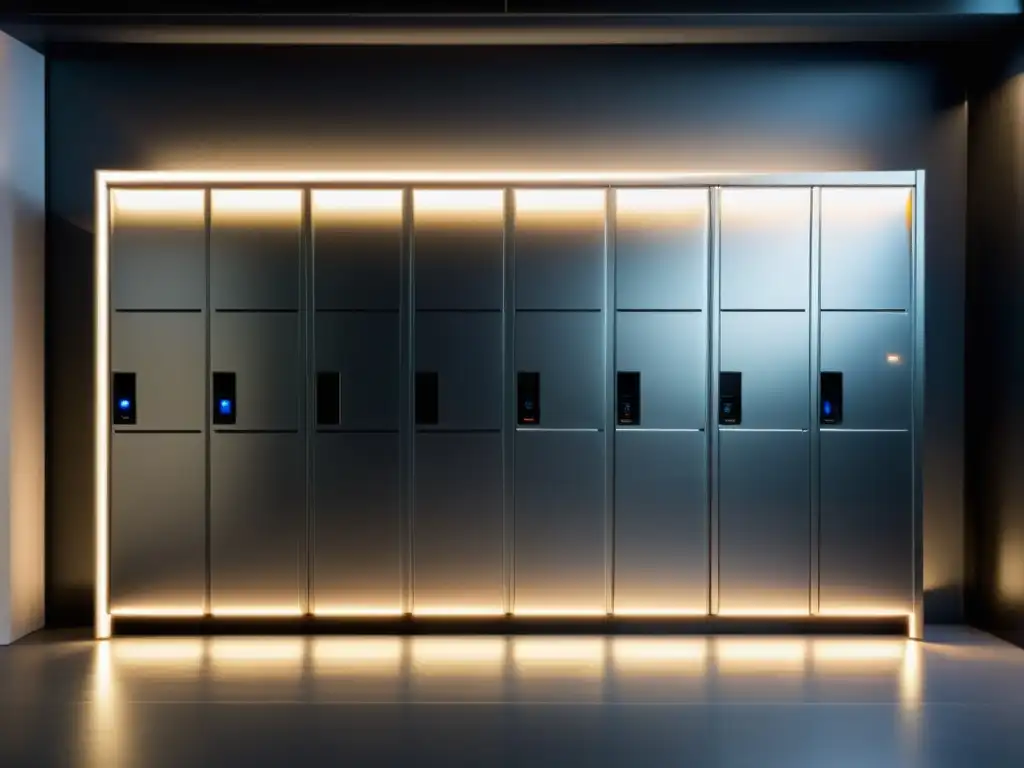 Oficina moderna con lockers inteligentes para recepción paquetes, iluminación suave en superficies metálicas, ambiente sofisticado