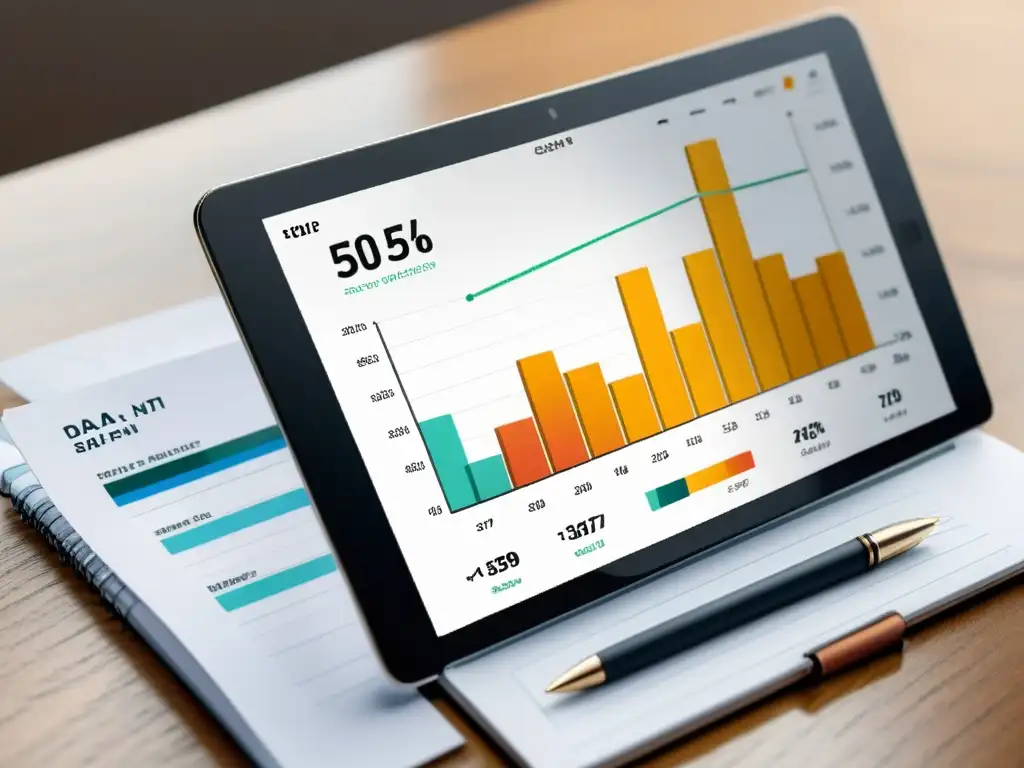 Oficina moderna con smartphone mostrando gráfico de éxito en optimización eCommerce dispositivos móviles