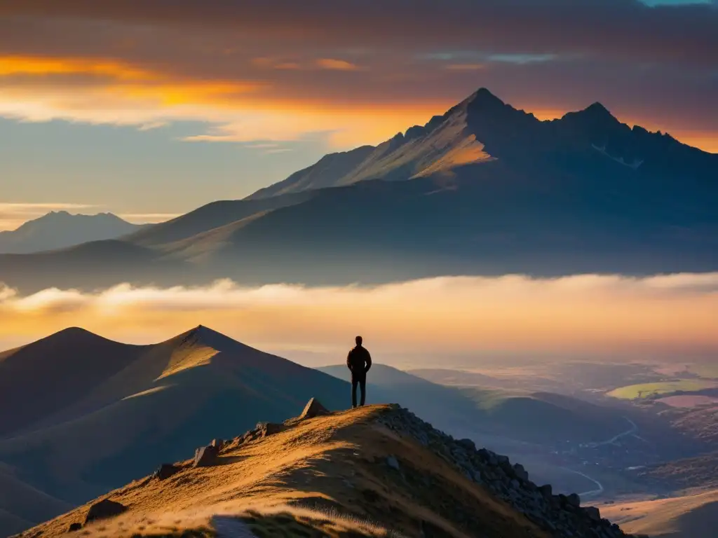 Un paisaje montañoso al atardecer con una figura solitaria, creando descripciones de productos emocionales