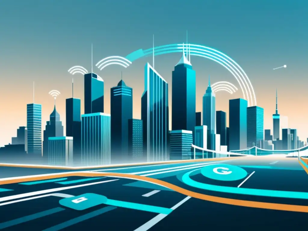 Un paisaje urbano futurista con dispositivos IoT y redes 5G, mostrando una relación simbiótica en el ecommerce