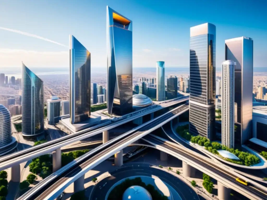 Un paisaje urbano futurista con rascacielos relucientes y una red de pasarelas elevadas, drones avanzados y un bullicio de actividad