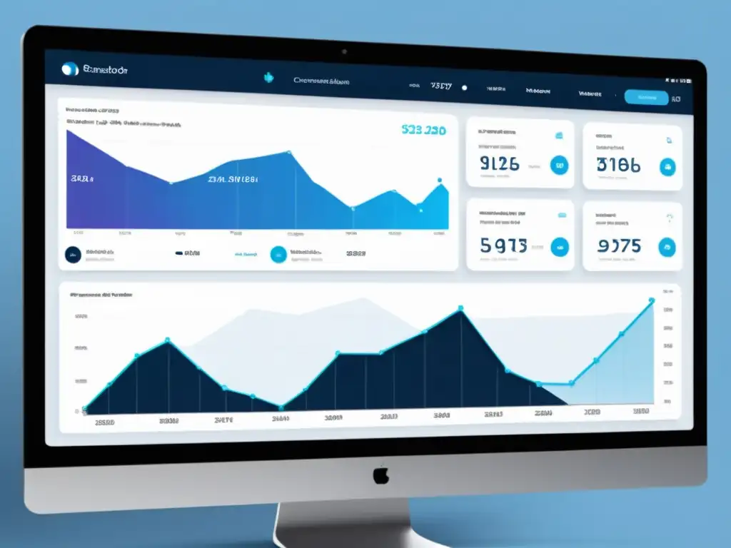 Panel de análisis competitivo en ecommerce con IA: gráficos dinámicos en azul y blanco, diseño moderno y datos en tiempo real