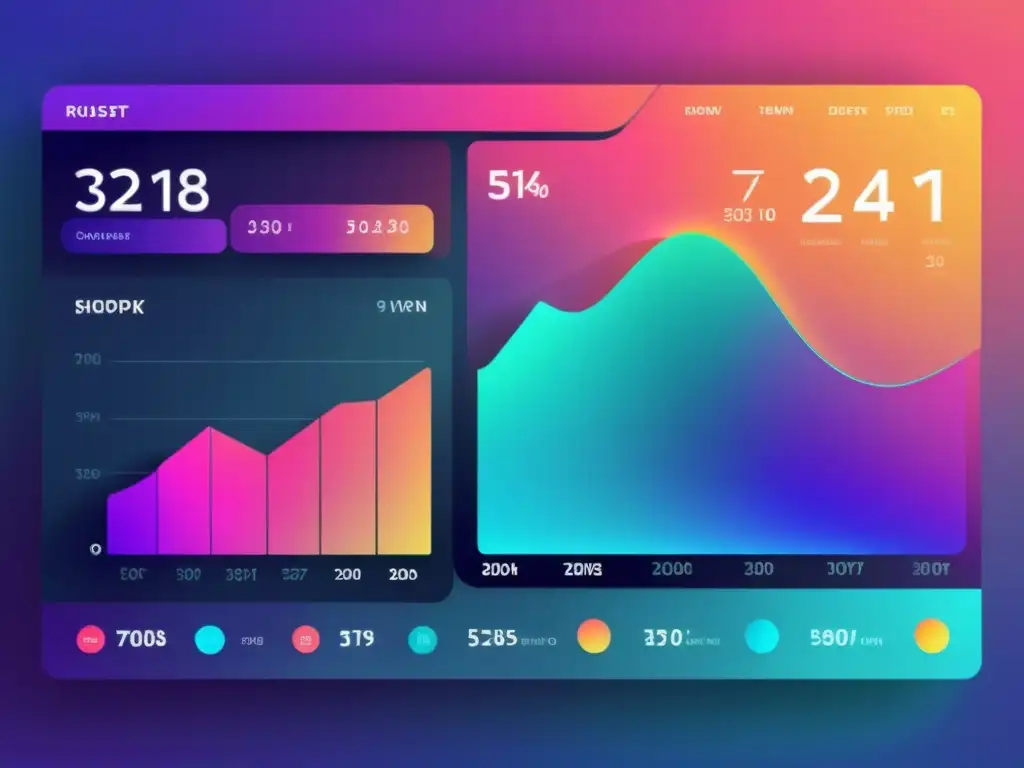 Un panel de análisis de datos futurista y minimalista con visualizaciones vibrantes de patrones de comportamiento del cliente y gráficos de análisis predictivo en comercio electrónico, en una estética avanzada y accesible