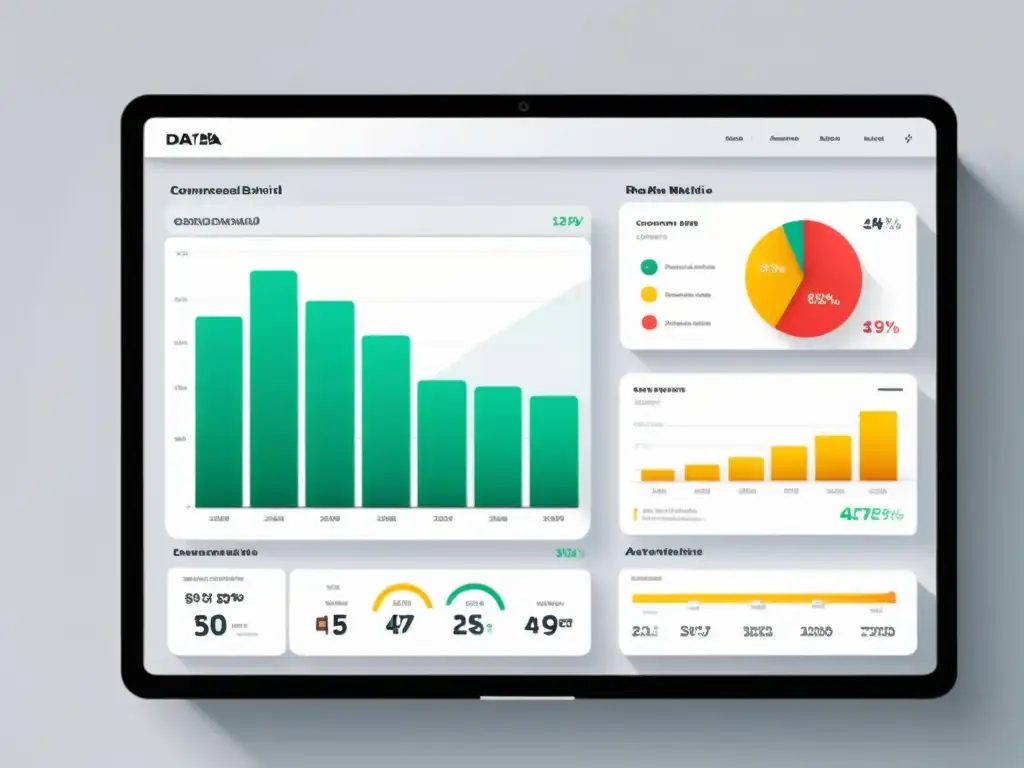 Un panel de análisis de datos en publicidad ecommerce: gráficos vibrantes y métricas clave en un fondo blanco profesional