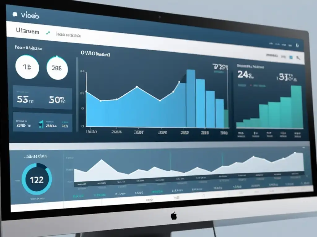 Panel de análisis de video para ecommerce: gráficos detallados y diseño profesional en tonos monocromáticos con toques de azul