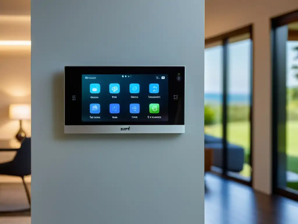 Panel de control de casa inteligente integrado, con diseño minimalista y pantalla táctil, en un entorno hogareño limpio y ordenado