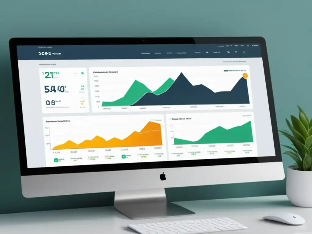 Panel de control de ecommerce con visualizaciones de datos y análisis de ROI y sentimiento, en una estética moderna y minimalista