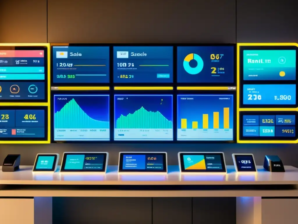 Panel de control futurista con análisis de datos en tiempo real para ecommerce, rodeado de un ambiente hightech