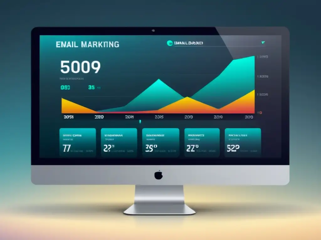 Panel de control de email marketing con gráficos dinámicos y diseño minimalista, mostrando métricas de campañas personalizadas