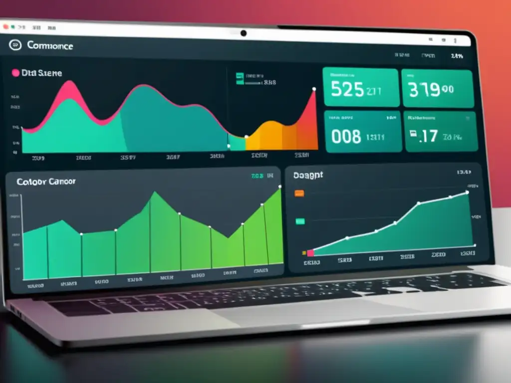 Un panel de control moderno con visualizaciones de datos detalladas y análisis de Big Data en estrategias de contenido eCommerce