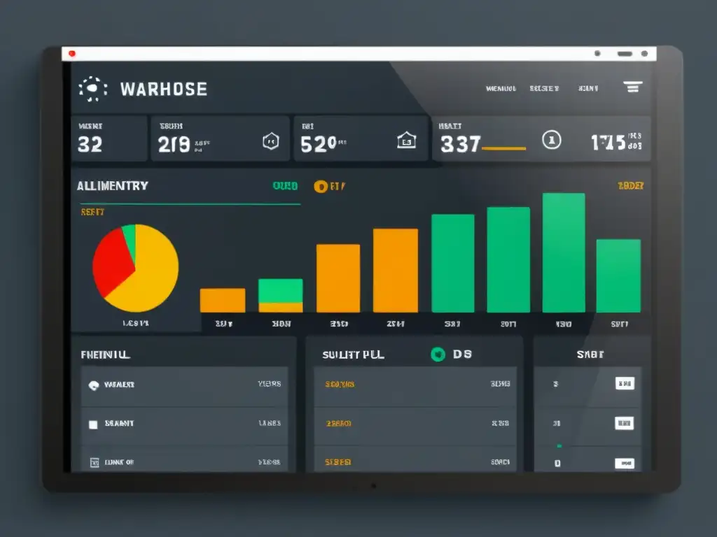 Panel de control de sistema de gestión de almacén, con seguimiento de inventario en tiempo real y visualización de logística de envíos