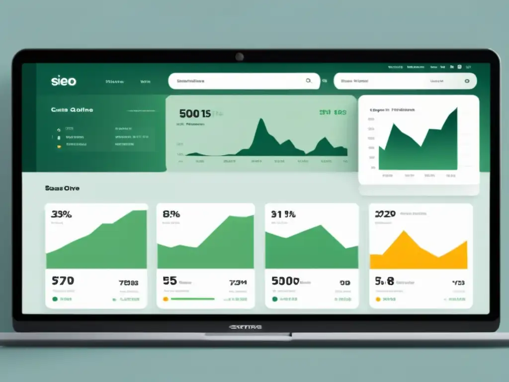 Panel de control de tienda online: diseño minimalista, colores suaves y datos de posicionamiento SEO y precios estratégicos