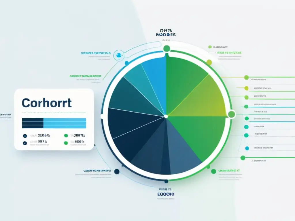 Un panel de visualización de datos futurista con análisis de cohortes y big data en tonos azules y verdes, sobre fondo blanco