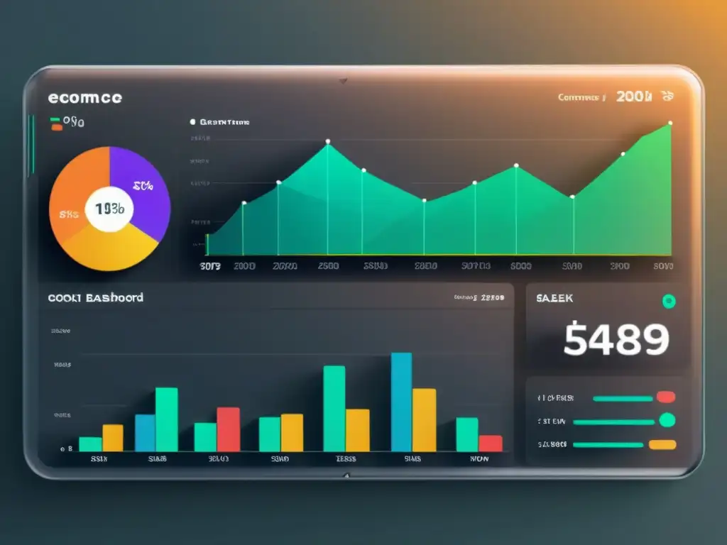 Un panel de visualización de datos futurista para ecommerce, con herramientas de IA para Ecommerce, gráficos vibrantes y líneas elegantes