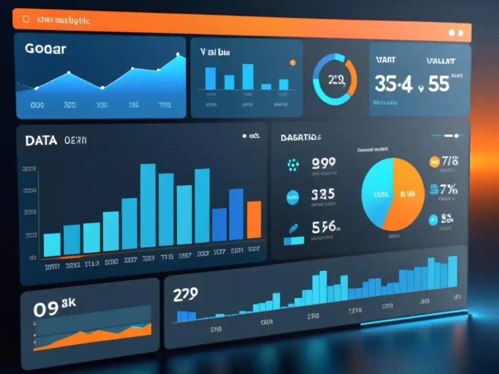 Panel de visualización de datos futurista con herramientas Big Data para análisis de ventas en ecommerce