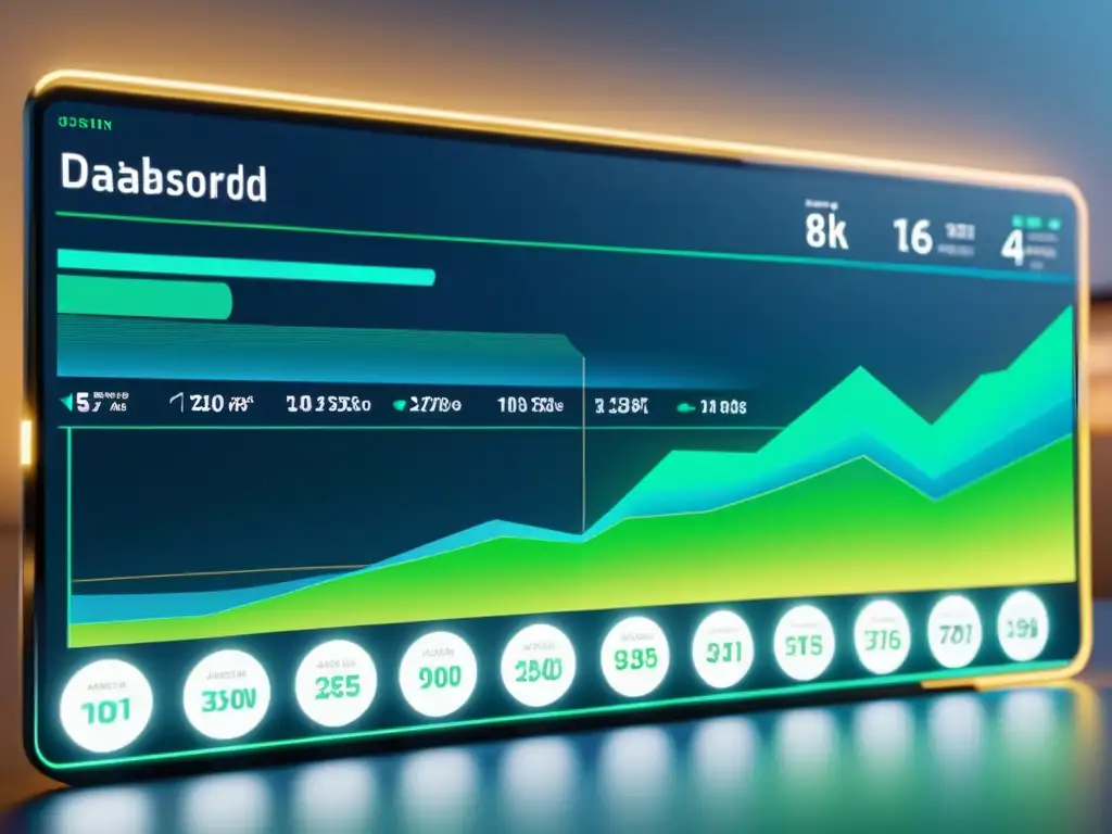 Un panel de visualización de datos futurista y minimalista con gráficos vibrantes y algoritmos de IA, ideal para herramientas de IA para Ecommerce