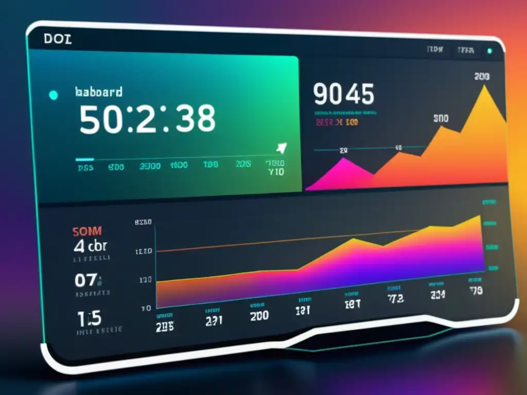 Un panel de visualización de datos futurista y minimalista con gráficos vibrantes e interconectados, transmitiendo la complejidad del análisis de Big Data para predicción de mercado