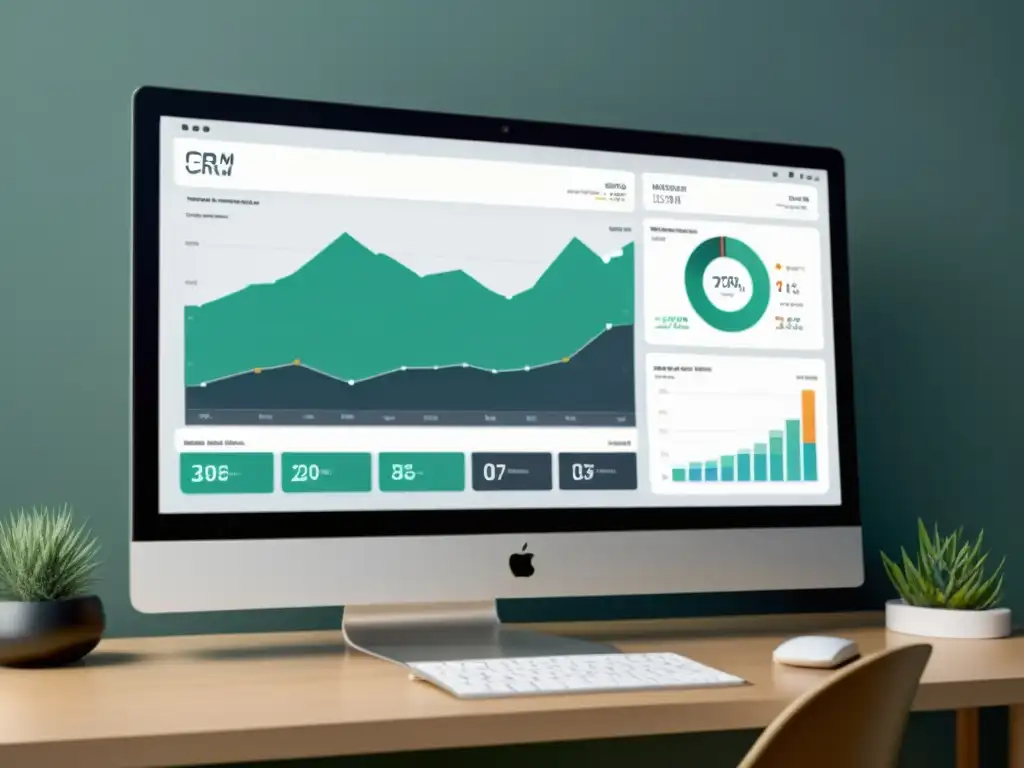 Panel de CRM moderno y minimalista con widgets de visualización de datos, exudando eficiencia y sofisticación tecnológica