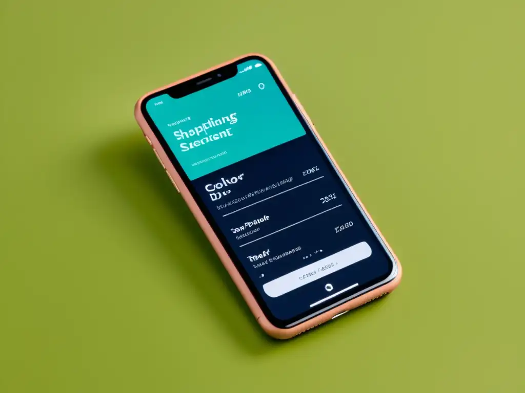 Una pantalla de smartphone muestra un elegante diseño UX para descripciones de producto, con líneas limpias y tipografía llamativa