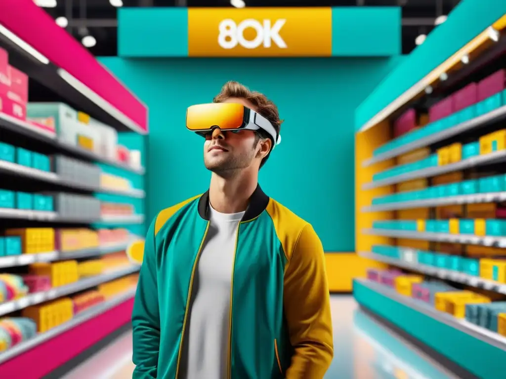 Persona asombrada usando gafas de realidad aumentada en mercado ecommerce vibrante