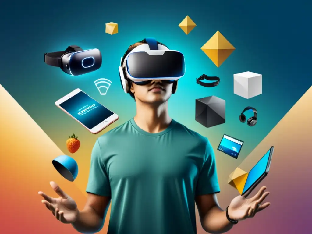 Persona con auriculares de realidad virtual inmersa en experiencia ecommerce con realidad virtual, rodeada de elementos digitales de compras en línea