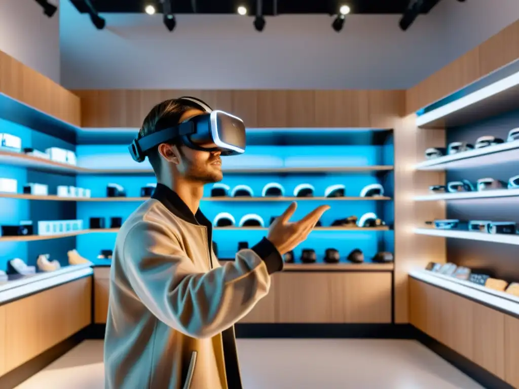 Persona con auriculares de realidad virtual en tienda futurista, fusionando experiencias físicas y virtuales en comercio electrónico