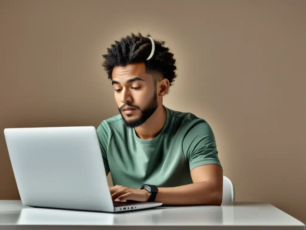 Persona contemplativa usando laptop para compras online, reflejando la tasa de abandono en ecommerce