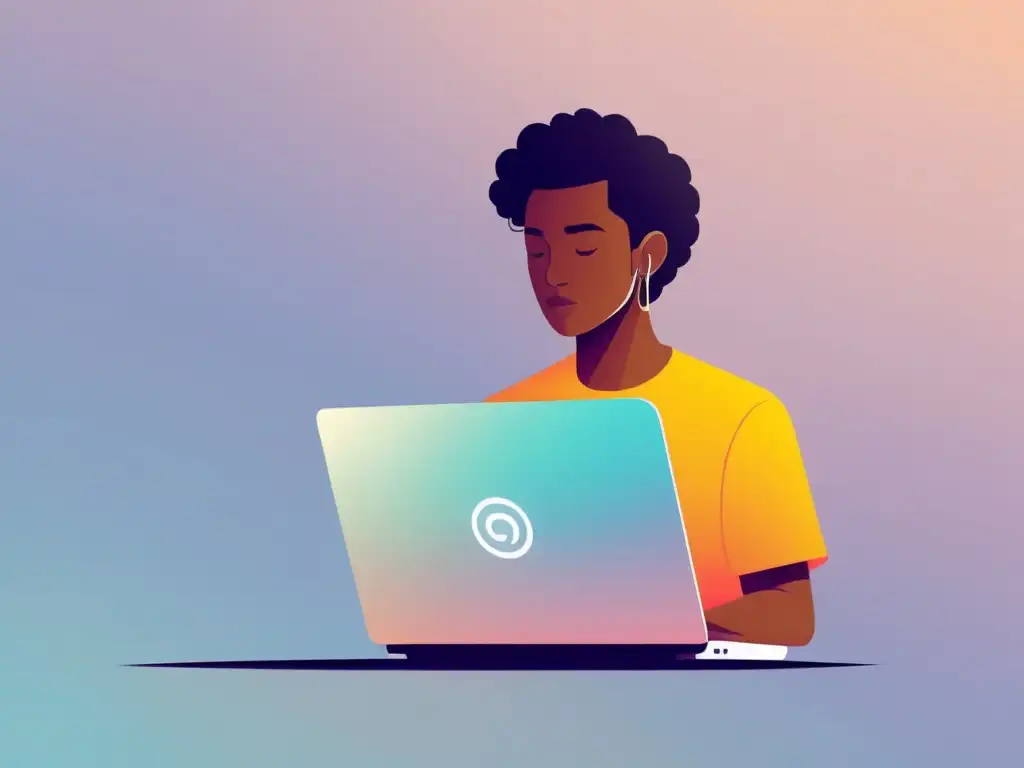 Persona contemplativa navegando en laptop moderno, con diseño ético y colores calmantes