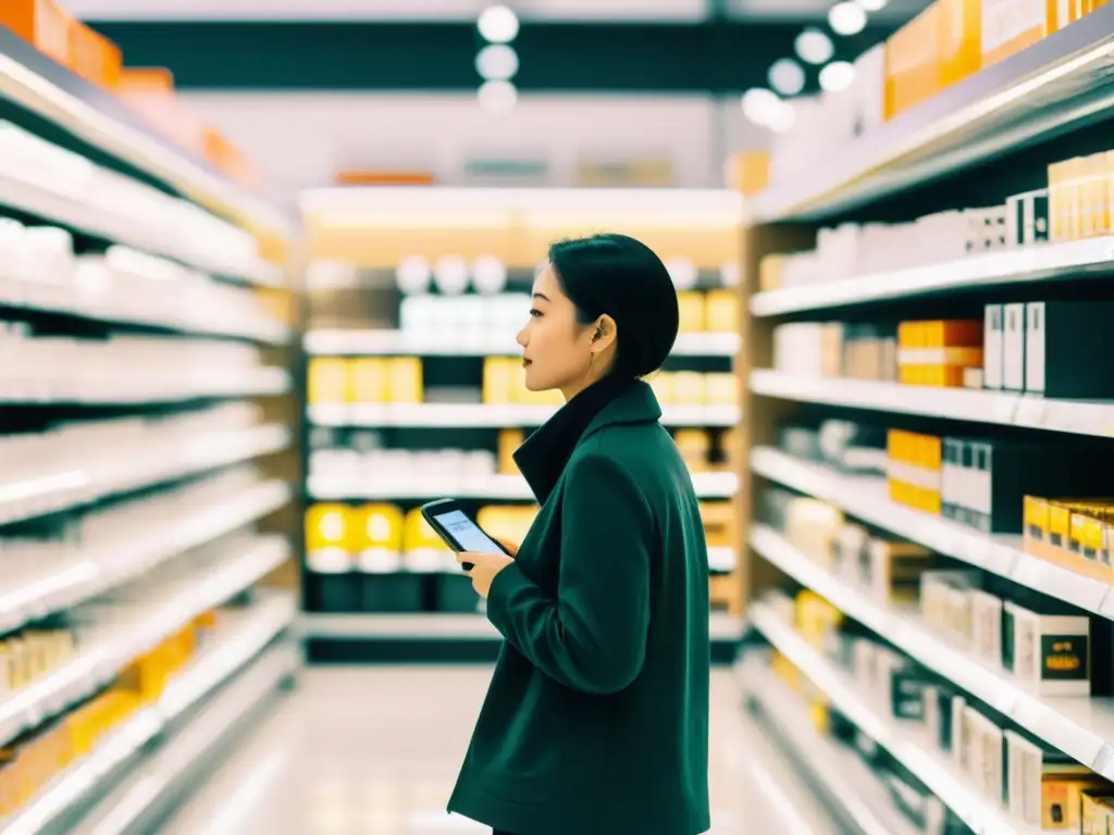 Persona contemplativa mirando el smartphone en tienda física, con estantes y productos difuminados