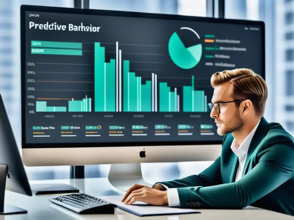 Persona analizando datos en la pantalla de un ordenador, rodeada de gráficos y visualizaciones