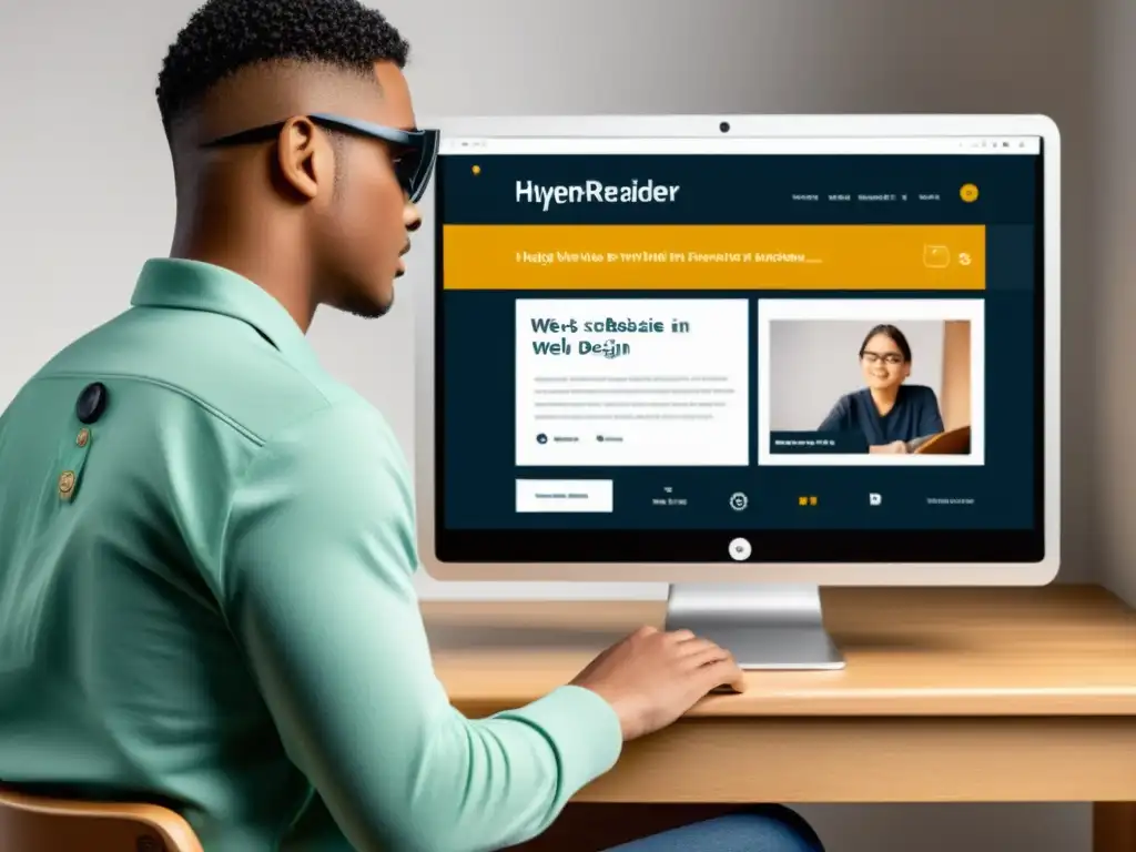 Persona con discapacidad visual usando lector de pantalla en un sitio web accesible para discapacitados