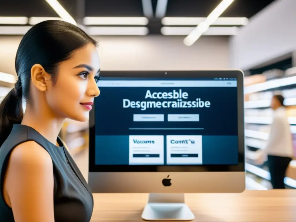 Una persona con discapacidad visual usa un lector de pantalla para acceder a un sitio de ecommerce con diseño accesible, mostrando confianza en la personalización ecommerce accesible digital