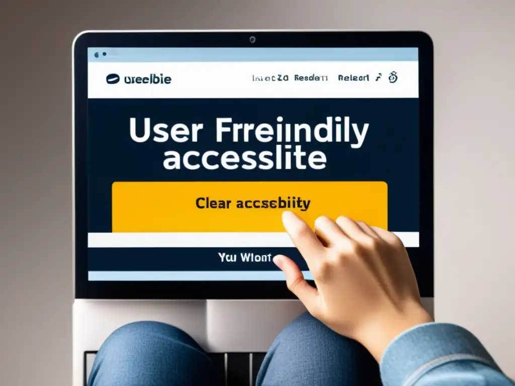 Persona con discapacidad visual usando lector de pantalla para navegar un sitio web accesible con alta visibilidad y facilidad de uso