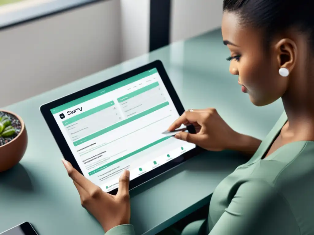 Persona creando encuestas online efectivas para Ecommerce en tablet en moderno escritorio minimalista