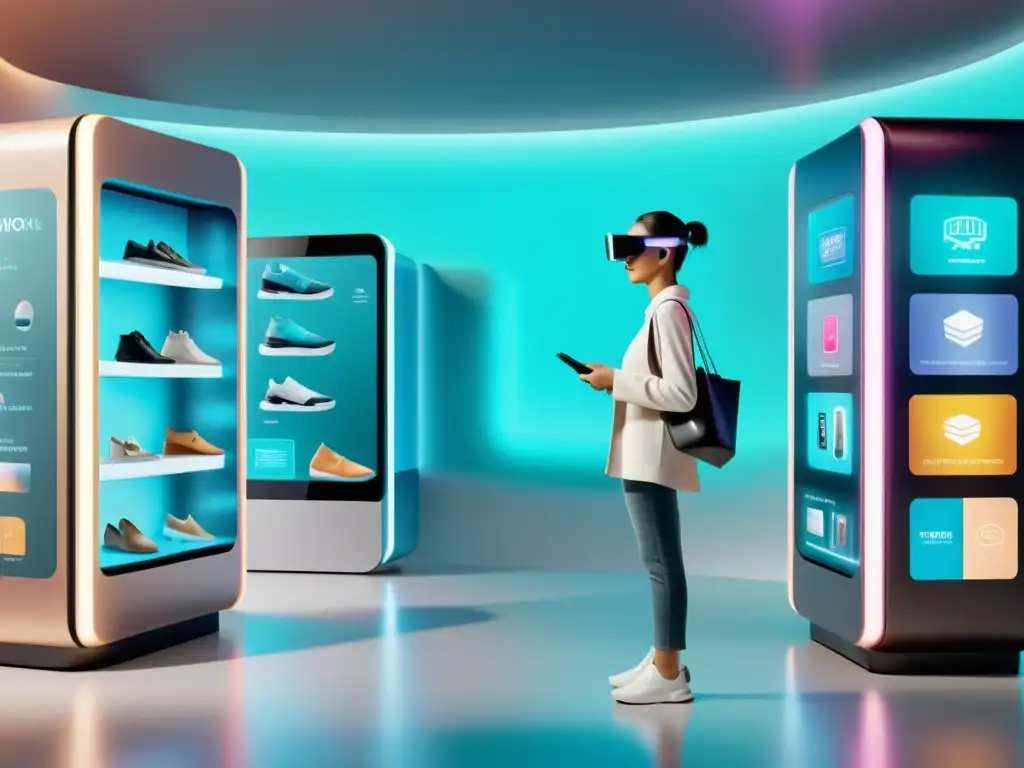 Persona usando gafas de AR en un entorno futurista de compras virtuales con asistente de IA