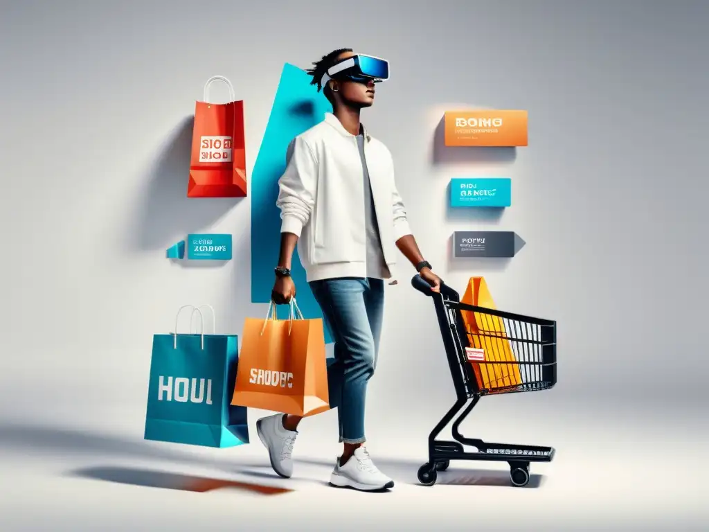 Persona con gafas de realidad aumentada rodeada de objetos virtuales de compras