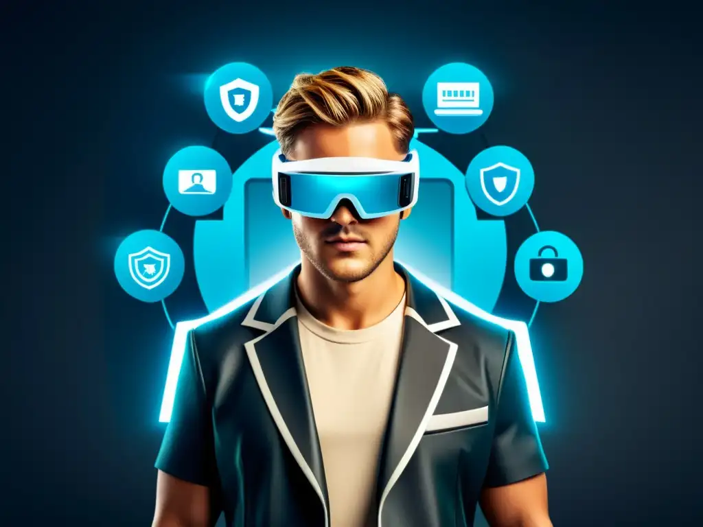 Persona con gafas de realidad aumentada rodeada de símbolos de seguridad, con un aspecto futurista y profesional