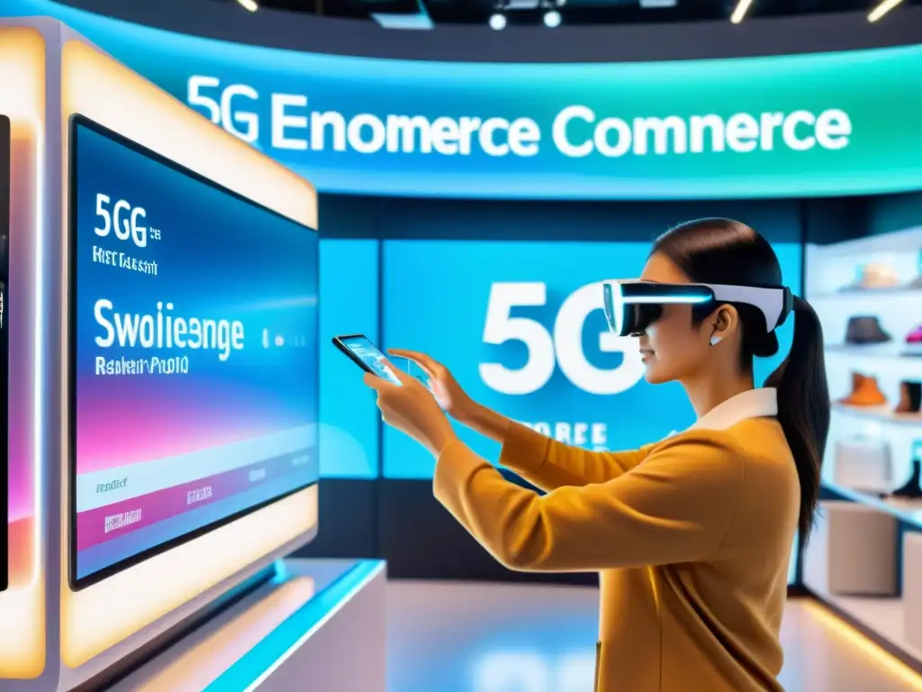 Persona usando gafas de realidad aumentada en tienda futurista, impacto 5G y realidad aumentada en comercio electrónico