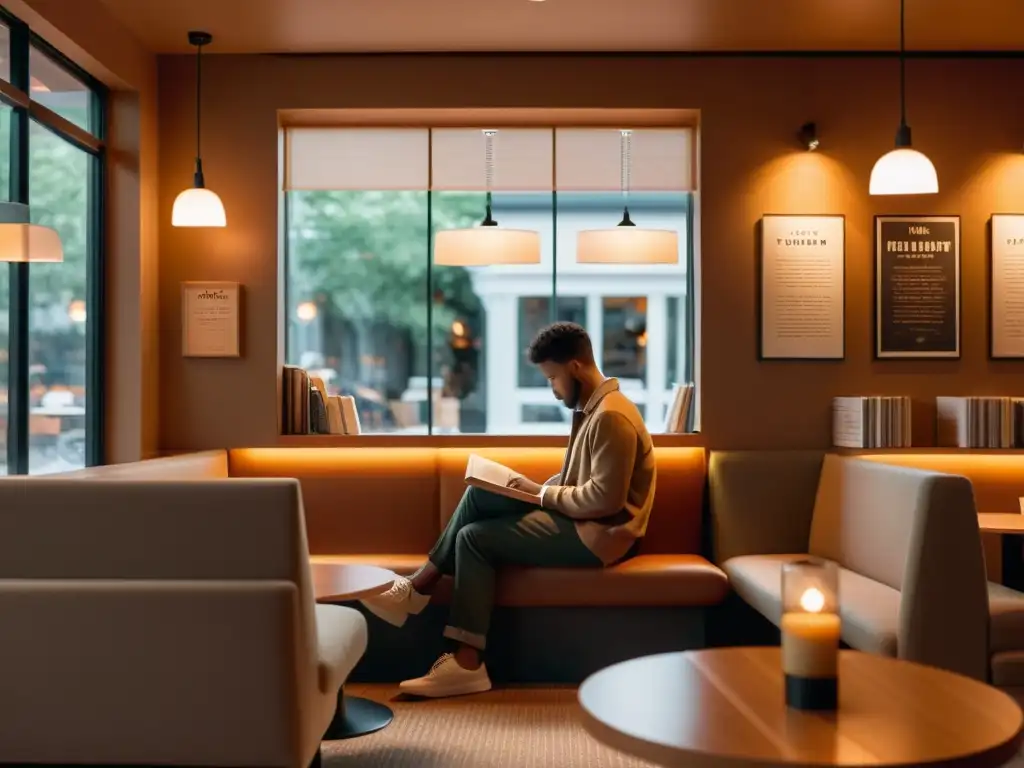 Persona leyendo un libro en acogedora cafetería, iluminada con tonos cálidos, creando atmósfera de storytelling en comercio electrónico