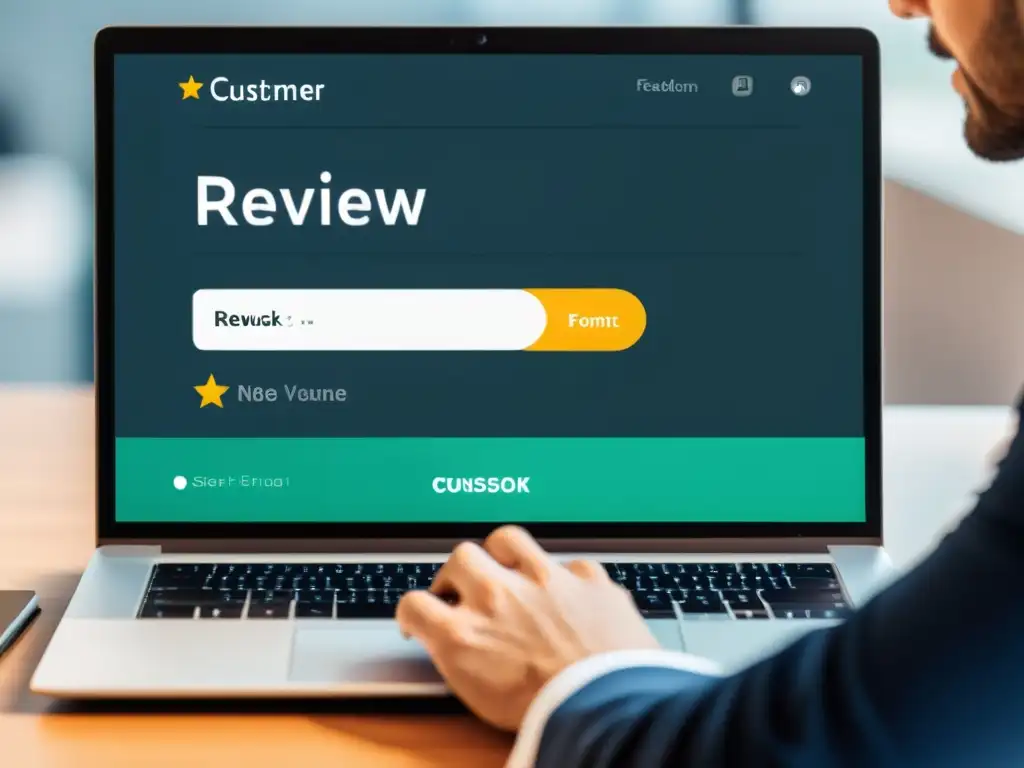 Persona dejando opinión en plataforma digital de ecommerce, transmitiendo profesionalismo y feedback de clientes