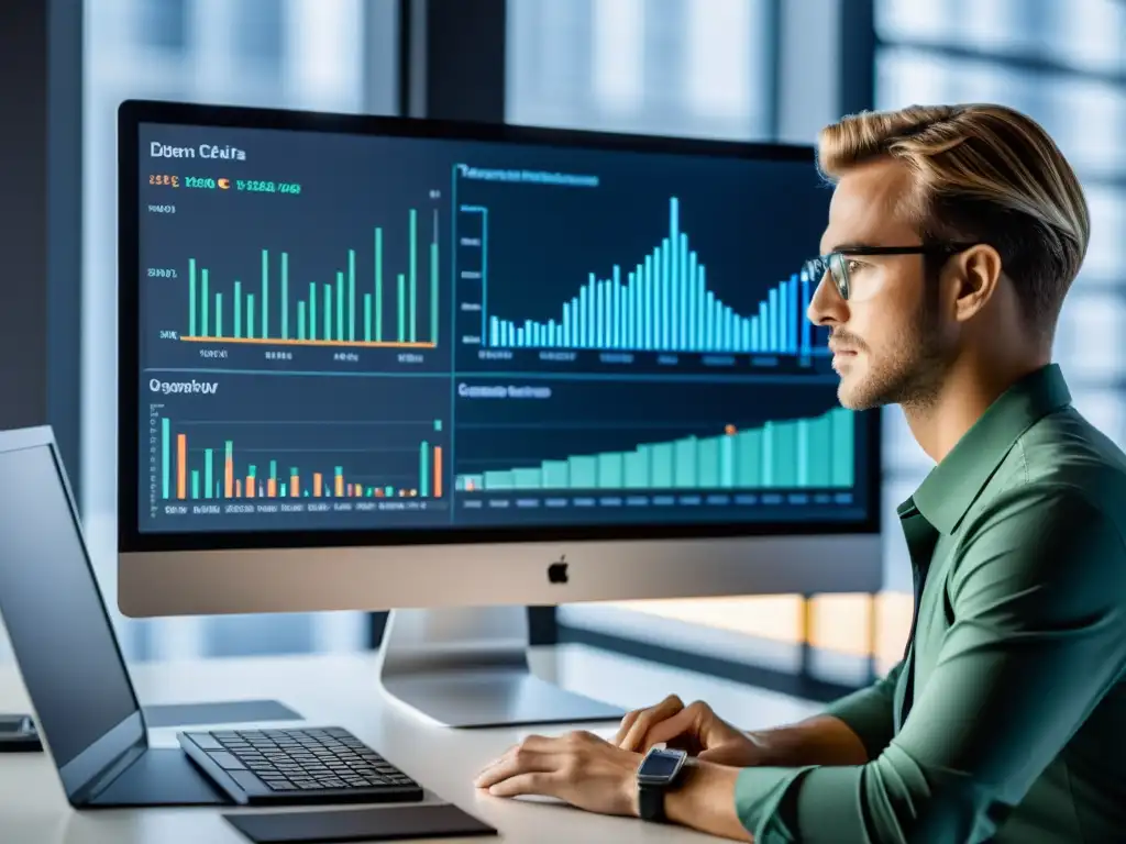 Persona analizando patrones de datos en pantalla moderna, reflejando expertise en herramientas para comprender comportamiento consumidor online