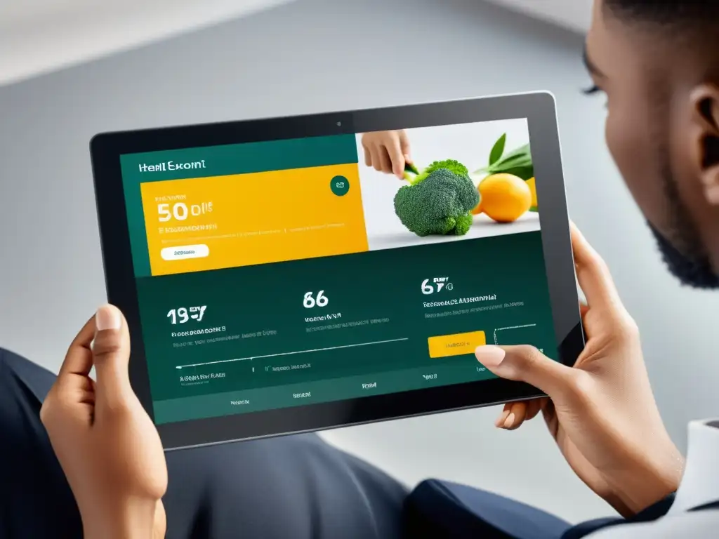 Persona usando plataforma de ecommerce de salud con recomendaciones personalizadas en pantalla, moderna y profesional