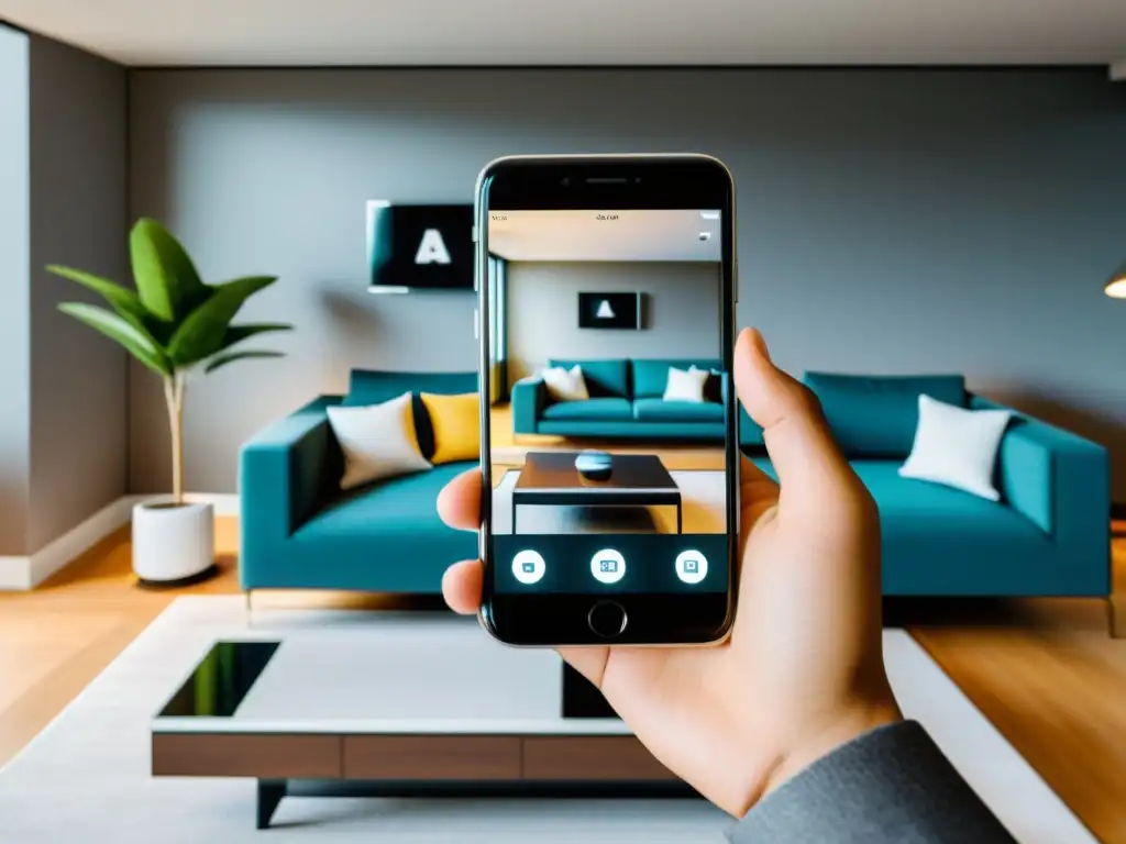 Persona profesional usando una app de realidad aumentada en ecommerce para visualizar muebles virtuales en una elegante oficina moderna